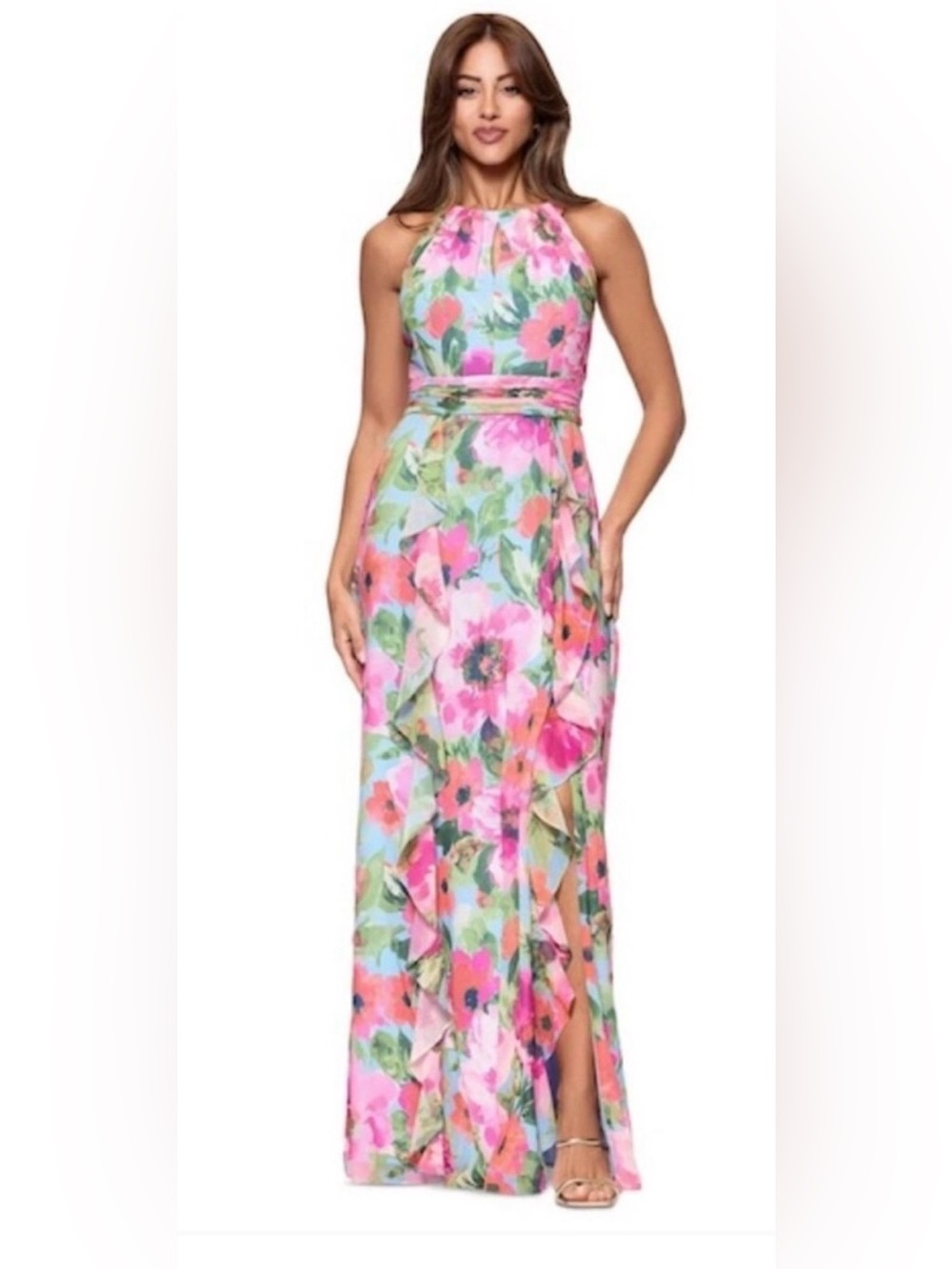 🆕 Xscape Floral Chiffon Halter Maxi Dress SZ 8 Petite Pink Blue Ruffle Gown